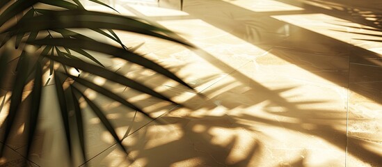 Poster - Morning sun creates a shadow of leaf on floor tiles with palm branches offering a high quality photo with copy space image