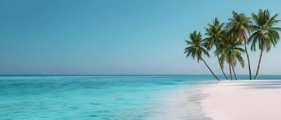 Wall Mural - Tranquil beach scene featuring clear turquoise water and swaying palm trees under a bright blue sky.