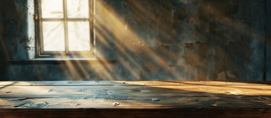 Fototapete - A wooden table with a soft window lit wall background and subtle shadows creates a serene ambiance for your copy space image