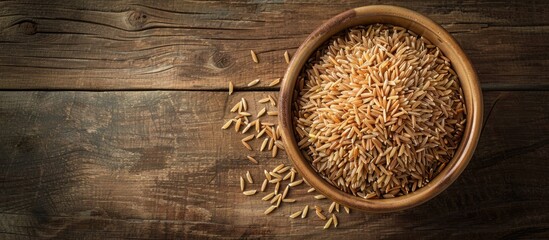 Top view of uncooked long grain brown rice in a bowl on a wooden surface with space for additional images