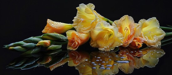 Fototapete - A beautiful yellow gladioli stem with water droplets displayed on a reflective black background ideal for copy space image