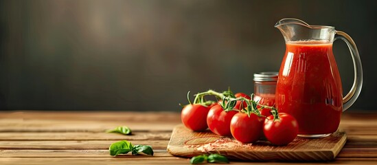 Sticker - Wooden table with a glass jug filled with fresh tomato juice providing space for text with a copy space image