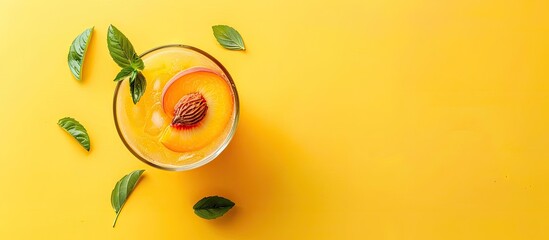 Aufkleber - Top view of a glass with a cocktail or mocktail garnished with a peach half and whole fruit on a yellow backdrop perfect for a summer drink with copy space image