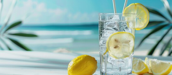 Poster - Copy space image showcasing a glass of mineral water with lemon slices ice and straws on a white table against a tropical beach background