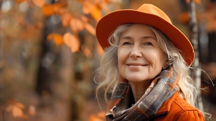 Sticker - A smiling woman in an autumn forest, wearing an orange hat and scarf, surrounded by fall foliage.