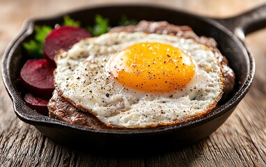 Wall Mural - Frisian Labskaus served in a rustic iron skillet, topped with a fried egg, with a side of pickled beets and gherkins, on a rough wooden surface