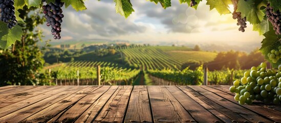 Poster - A wooden table provides a blank background featuring a vineyard landscape in a winery offering ample copy space for displaying wine products against the picturesque vineyard backdrop