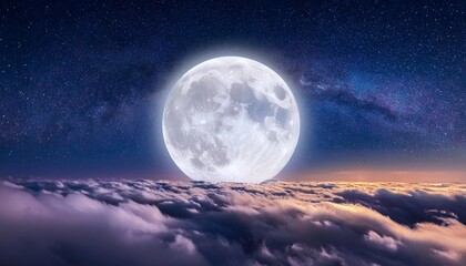 Wall Mural - a large glowing moon hangs above a sea of clouds with a starry sky in the background the scene evokes a sense of mystery and wonder