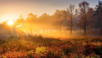 Poster - beautiful forest in autumn fog glowing in the warm light of the rising sun