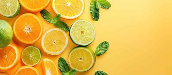 Aufkleber - Summer citrus fruits like orange tangerine lemon and lime with mint leaves on a yellow background create a trendy food concept with a top view layout featuring copy space image