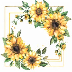 Watercolor sunflower wreath and Sunflower leaves frame, invitation card and poster template vector illustration on white background