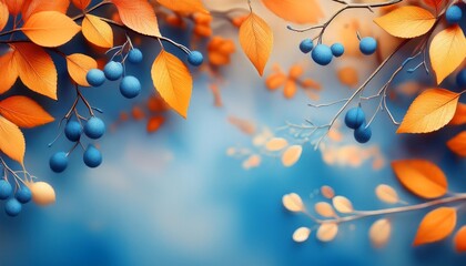 Sticker - abstract autumn foliage banner background branch twigs and berries blue orange color generative ai