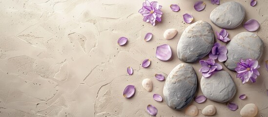 Aufkleber - Product display scene with purple petals and stones on a neutral beige background ideal for showcasing items with minimal empty space for caption or copy space image