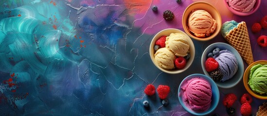 Sticker - Colorful bowls of ice cream with waffle cones berries and a vibrant background provide a variety of flavors perfect for a top view copy space image