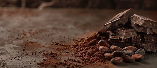 Poster - Dark chocolate cocoa beans and powder displayed on a concrete table with copy space image