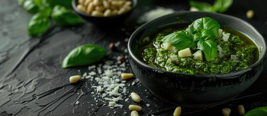Aufkleber - On a black table there is a bowl of delicious pesto sauce with pine nuts cheese and basil providing a copy space image