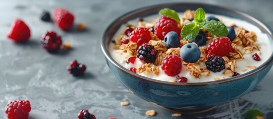 Aufkleber - Closeup shot of a bowl of delicious granola with yogurt and berries on a textured grey table perfect for including copy space image
