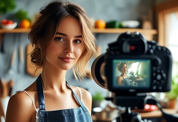 Beautiful young woman adjusts camera in studio, preparing to film cooking tutorial.