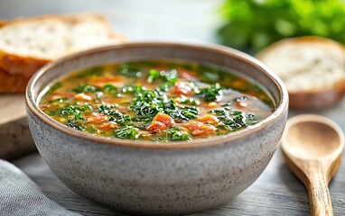 Wall Mural - Portuguese green broth with kale and chorizo served in a rustic bowl, with a slice of crusty bread on the side and a wooden spoon resting nearby