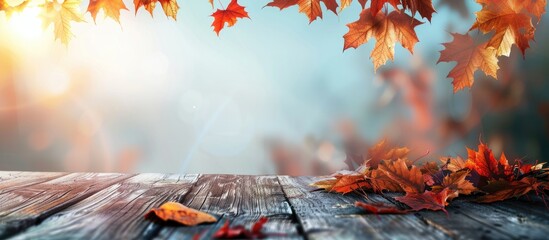 Aufkleber - Nature background featuring autumn leaves on a wooden plank with copy space image