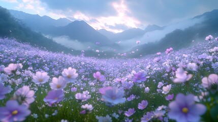 Wall Mural - Breathtaking Purple Flower Field With Majestic Mountain Backdrop in Spring