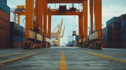 Wall Mural - Busy Container Port with Cranes and Ships Transporting Goods in Global Trade