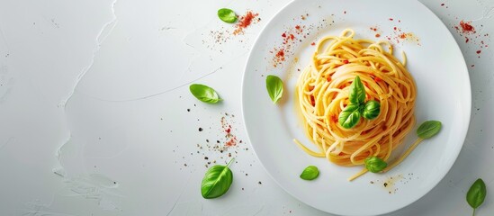 Poster - A packshot of spaghetti topped with basil on a white plate ideal for articles recipe books and design projects with copy space image