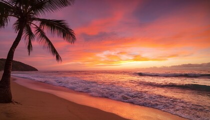 Wall Mural - a sunset paints the sky in hues of orange pink over a tranquil beach with a palm tree swaying gently waves kiss the shore generative ai