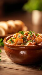 Wall Mural - Rustic Portuguese seafood stew served in a traditional clay pot, surrounded by fresh herbs and a loaf of crusty bread on a wooden table