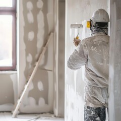 Worker priming walls in new building. Roller brush with prime covering plaster walls. Construction of house and home renovation concept