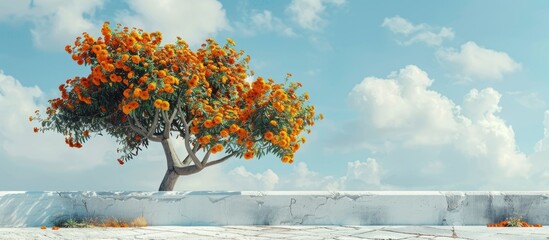 Poster - Marigold tree on a rooftop with orange flowers provides a captivating copy space image