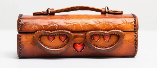 Sticker - Genuine leather glasses case adorned with hearts on a white backdrop suitable for copy space image