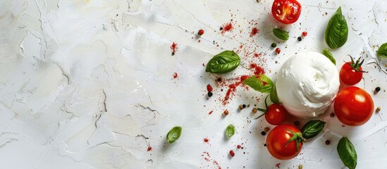Poster - Fresh burrata cheese basil and tomatoes on a white table perfect for text Copy space image