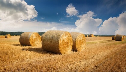 Poster - dry hay rolls with blue sky