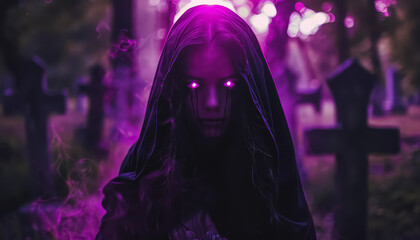 A woman in a black hoodie stands in front of a cemetery