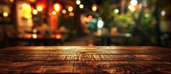 Fototapete - A chic nocturnal restaurant setting is captured with a blurred lively scene showcasing an empty wooden table with ideal copy space for food related displays or advertising