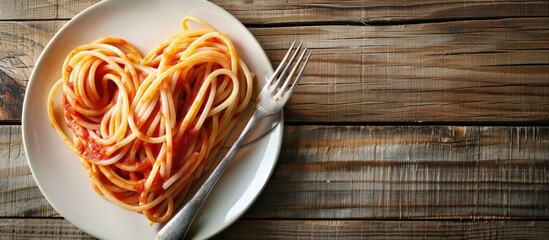 Poster - Top view of a heart shaped spaghetti dish with a fork on a wooden table offering a copy space image