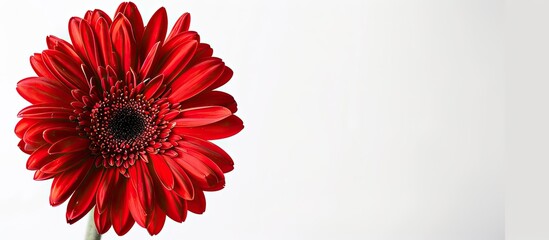 Poster - Close up studio photograph of a vibrant red gerbera flower on a white background with copy space image
