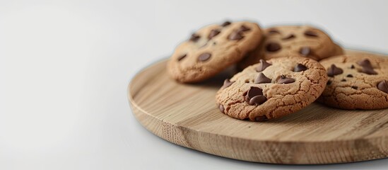 Aufkleber - Sweet cookies with chocolate chips displayed on a wooden board set against a white background creating a visually appealing copy space image