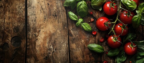 Aufkleber - Fresh cherry tomatoes basil and oregano on an aged wooden rustic background with copy space image