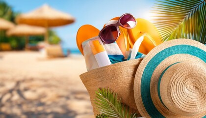 tropical beach with sunbathing accessories summer holiday background