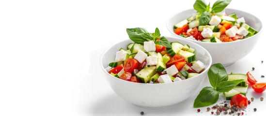 Poster - Fresh vegetable salad bowls with cucumber feta cheese on a white background copy space image