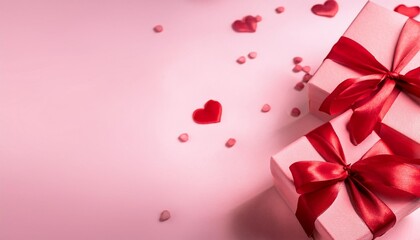 valentine s day background with realistic festive gifts box romantic present pink boxes with red ribbon gift surprise generative ai