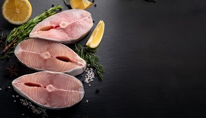 Wall Mural - tap fish steaks with spices lemon and herbs on a dark background