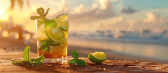 Aufkleber - Selective focus image of a classic mojito cocktail made with rum lime and fresh mint on a wooden surface set against a blurred beach background with copy space