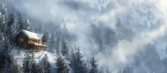 Aufkleber - A charming cabin surrounded by snowy trees on misty mountain slope with copy space image