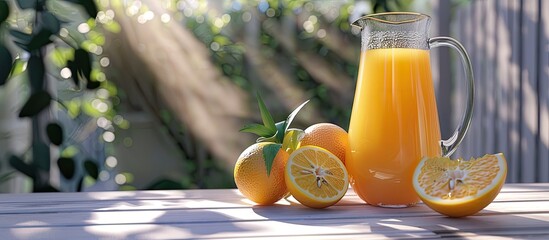 Poster - Outdoor setting with a white wooden table showcasing a glass jug filled with fresh orange juice leaving room for text in the image. Creative banner. Copyspace image