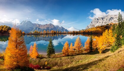 Poster - beautiful autumn landscape with mountains and lake