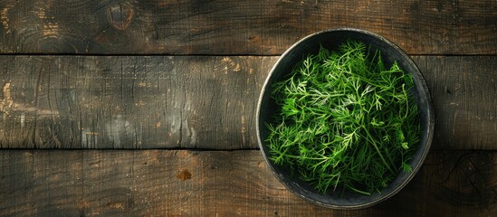 Poster - Top view of a bowl with freshly cut dill on a wooden table with room for text in the image. Creative banner. Copyspace image