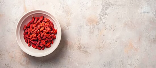 Poster - Top view of a bowl with dried goji berries on a light textured table creating copy space image